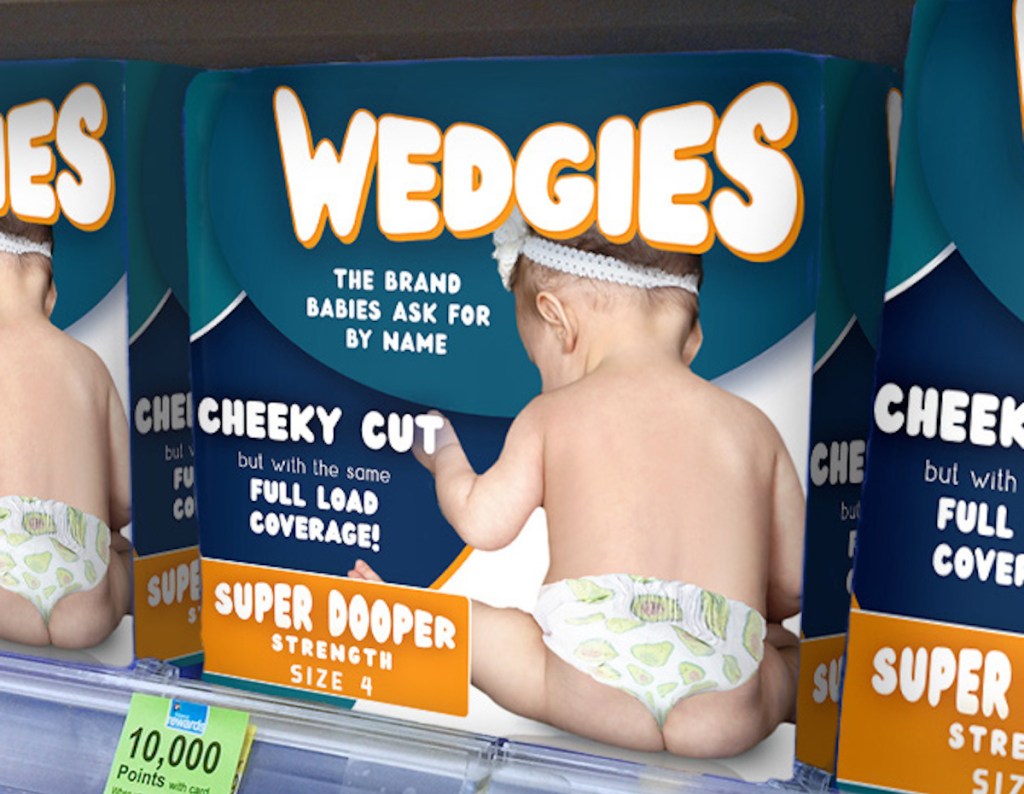 row of wedgies diapers on store shelf with sale tickets