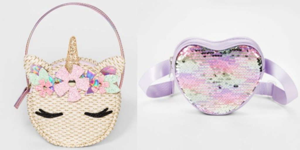 cat and jack purses side by side one unicorn one purple