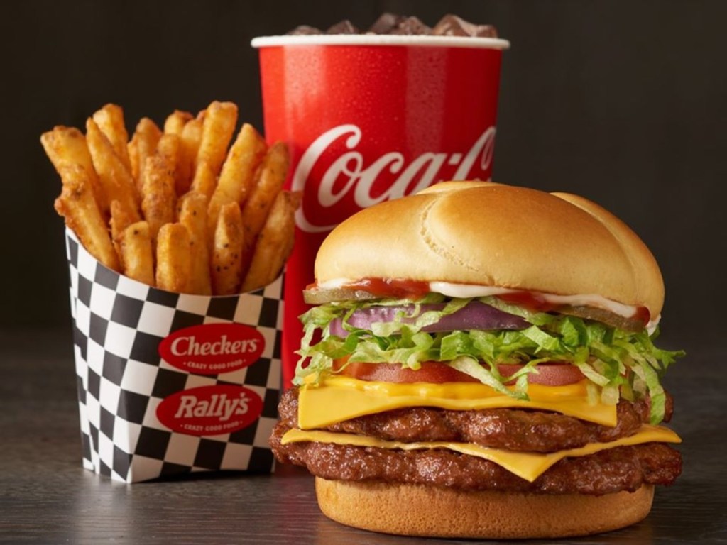 burger, fries, and soda from Checkers & Rally's