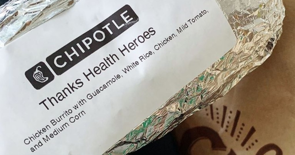 Chipotle burrito with label for health care workers
