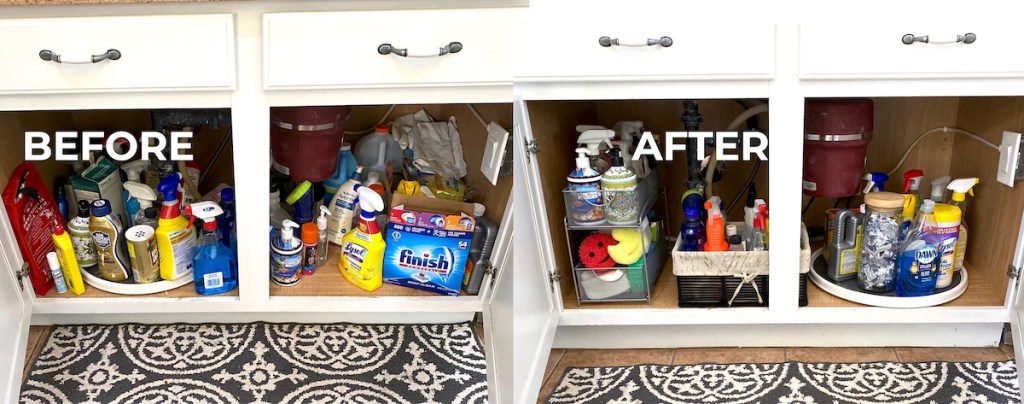 Before and after of cleaning supplies cabinets Messi versus organized