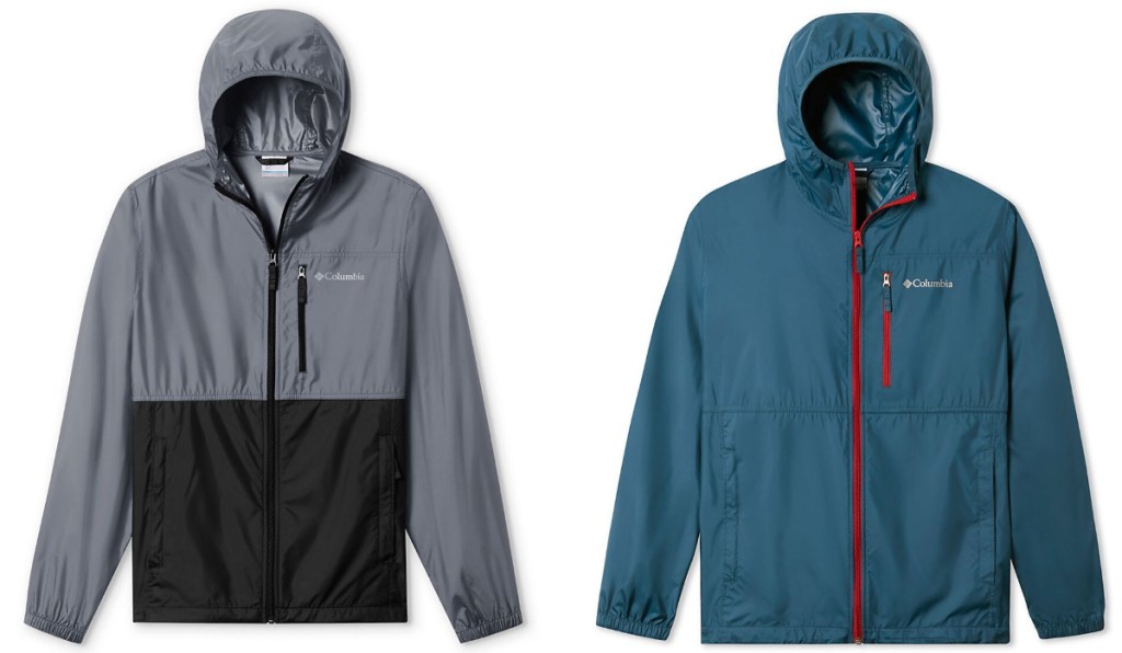 gray and black columbia jacket and teal and red columbia jacket