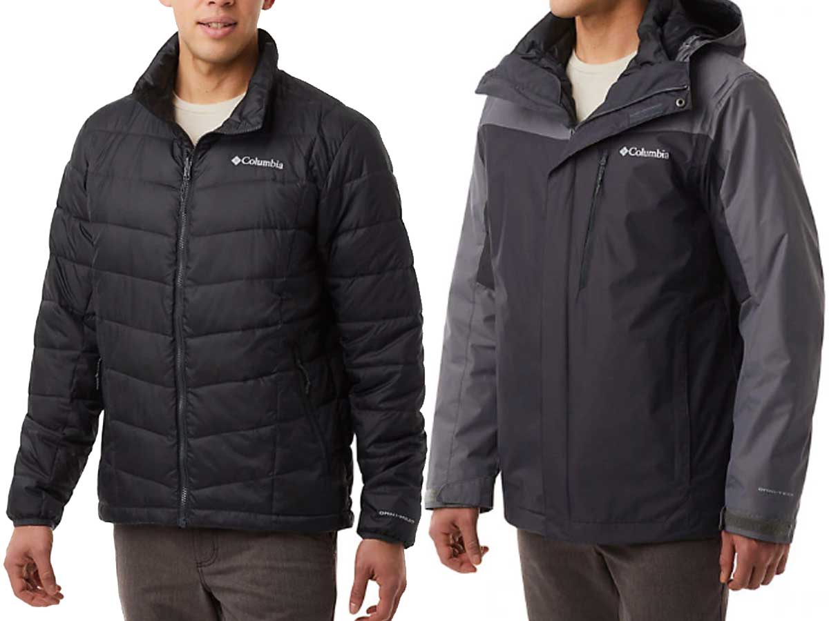 male models wearing columbia outwear jackets in black and gray