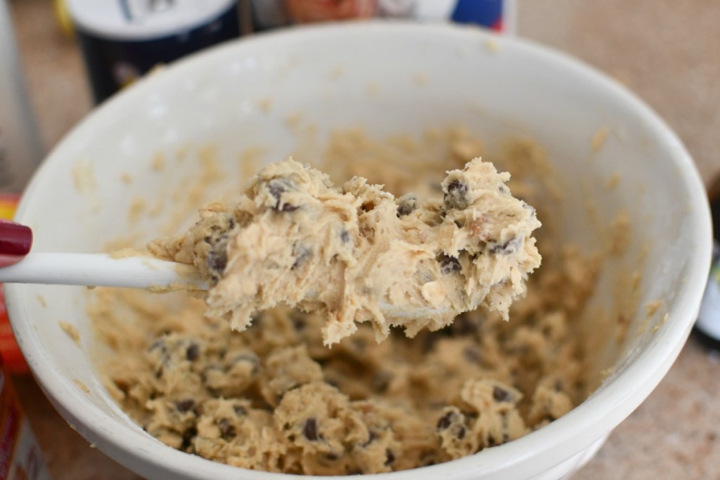 chocolate chip cookie dough on spoon