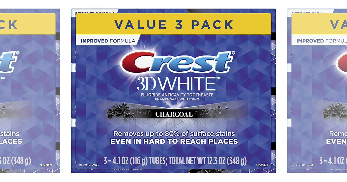 stock image of crest 3-pack charcoal toothpaste in box
