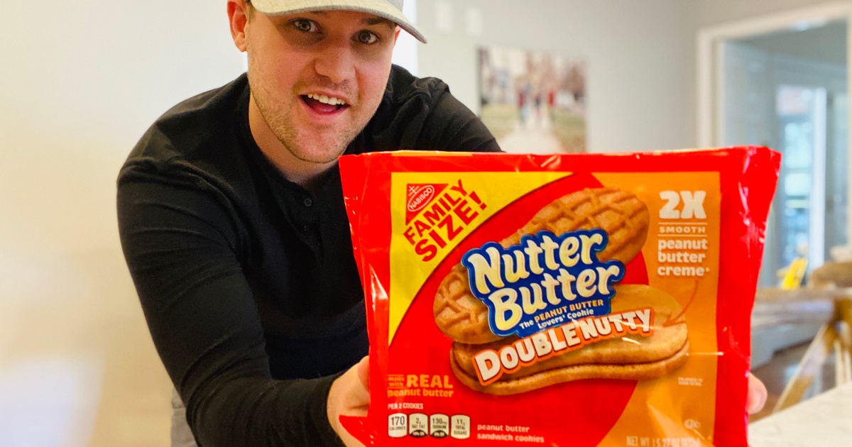 man holding package of Nutter Butter cookies