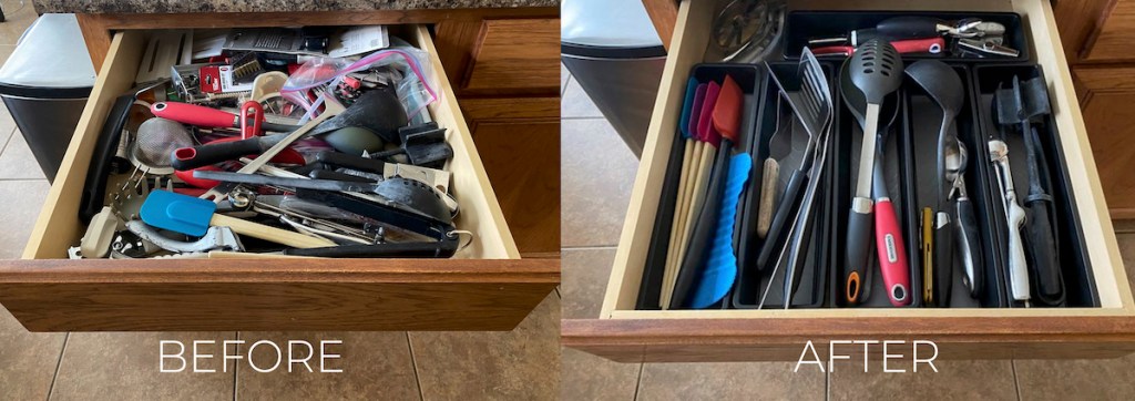 side by side before and after of kitchen drawers messy vs. organized