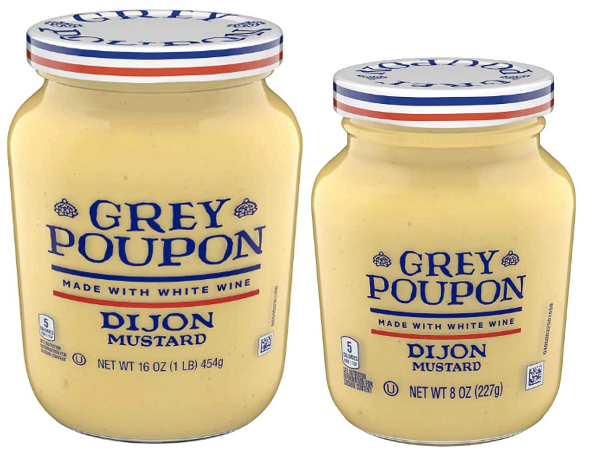 two jars of grey poupon sitting next to each other