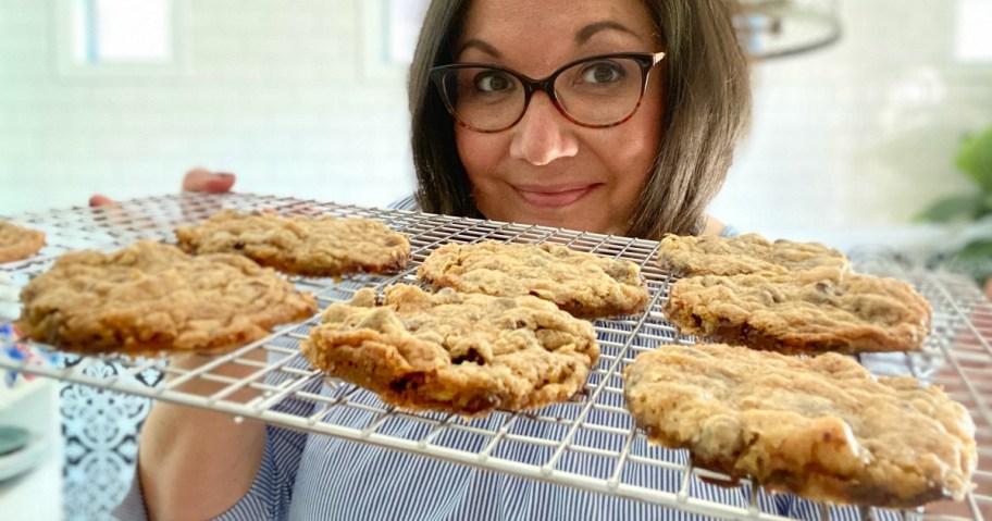 holding a tray of homemade doubletree cookies