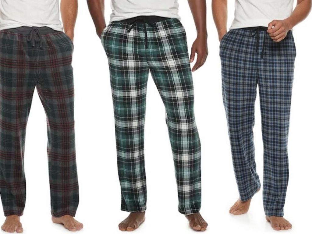 3 men wearing drawstring fleece pajama pants