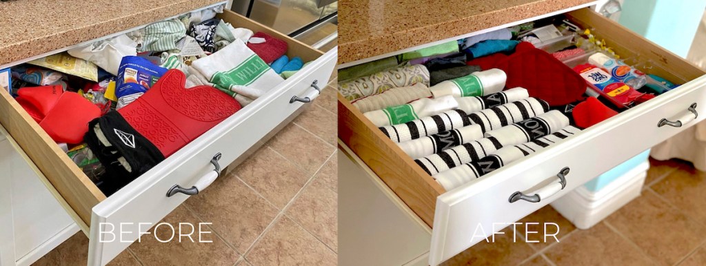 side by side of before and after kitchen towel drawer messy vs organized