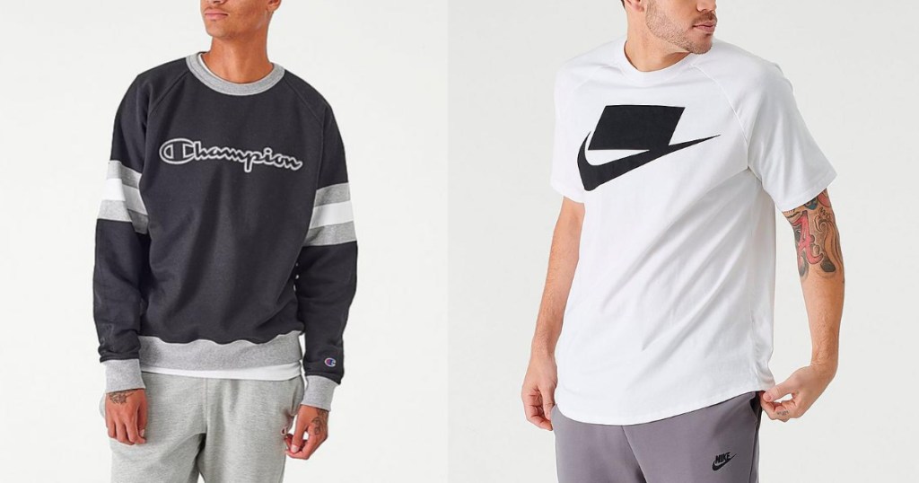 champion and nike mens gear on two male models 