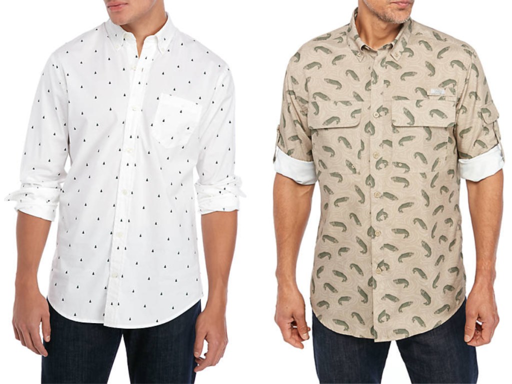 men wearing white and blue pattern shirt and tan shirt with green fish