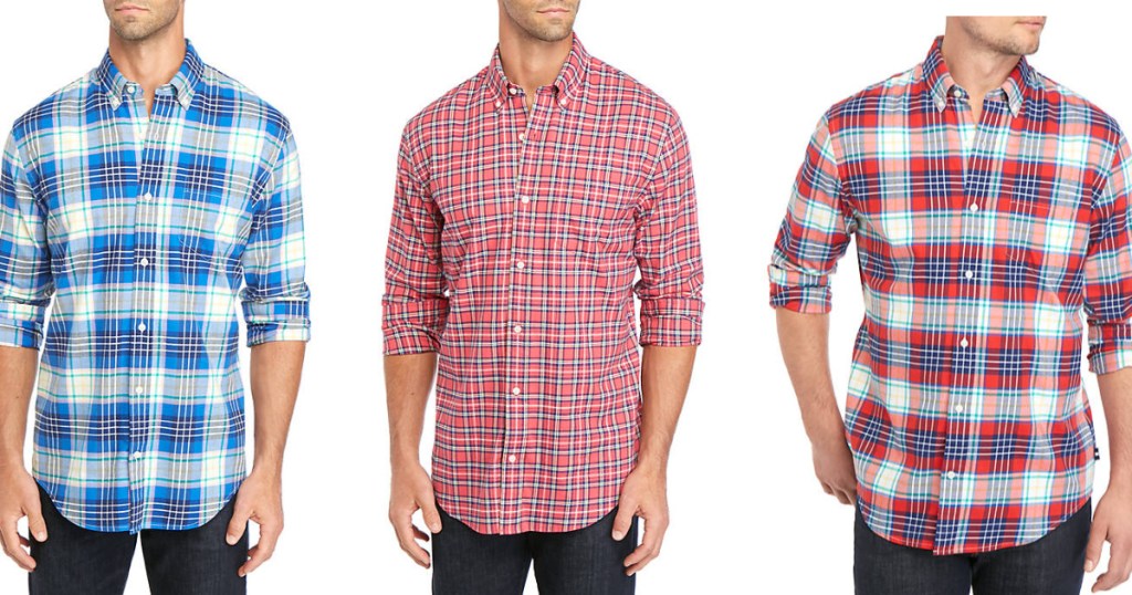 men wearing blue, white and red themed plaid shirts