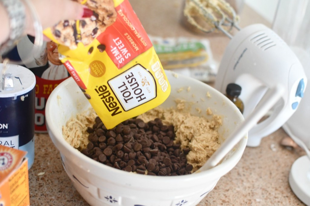 mixing up chocolate chip cookies