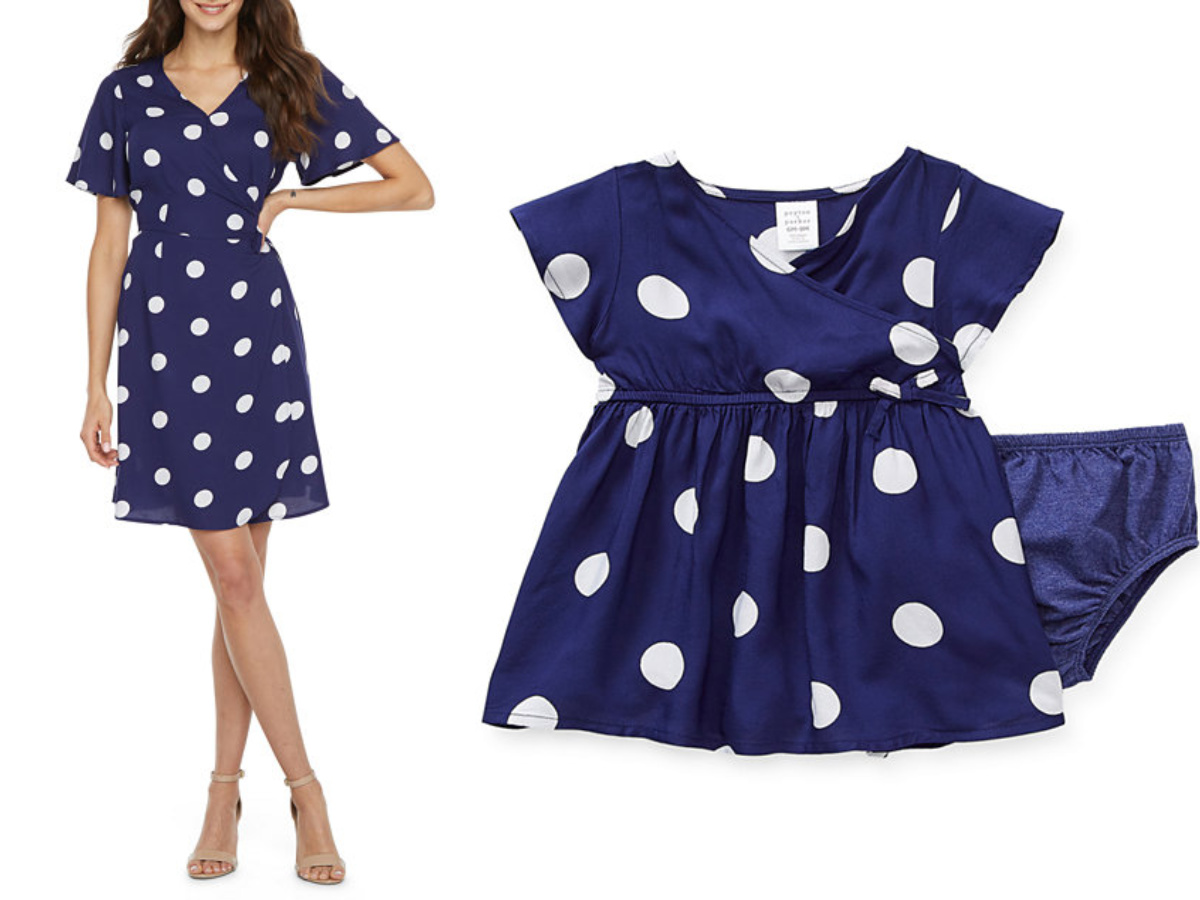 woman wearing polka dot dress and babydoll polka dot matching dress