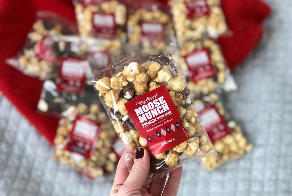 hand holding gifts under 10, moose munch pack of popcorn with various flavors on red blanket in background
