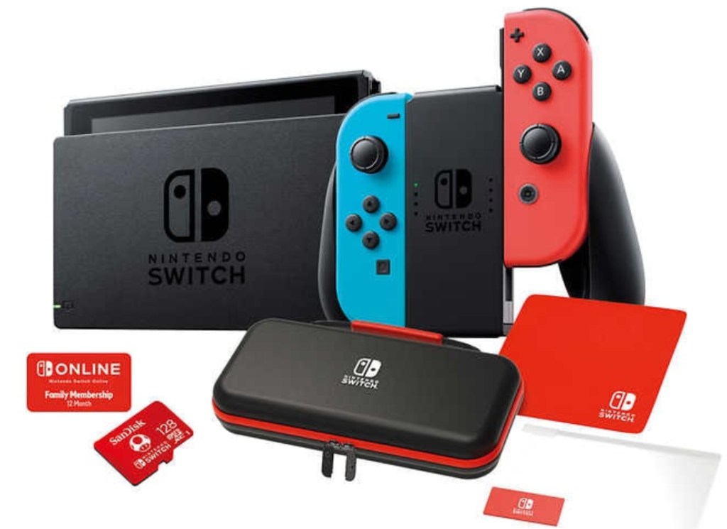 nintendo switch bundle with swtich, online plan, case, and screen protector