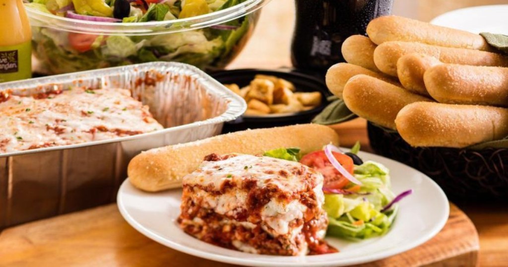 Olive Garden family meal with lasagna and breadsticks