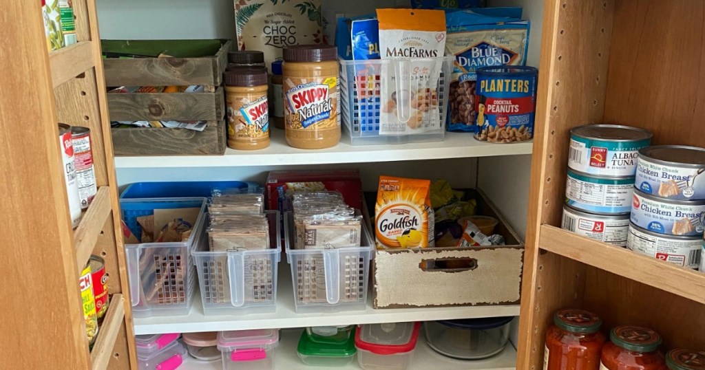 organized pantry with baskets and storage containers 