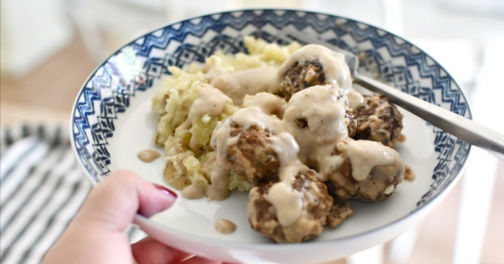 plate with ikea meatballs and mashed potatoes