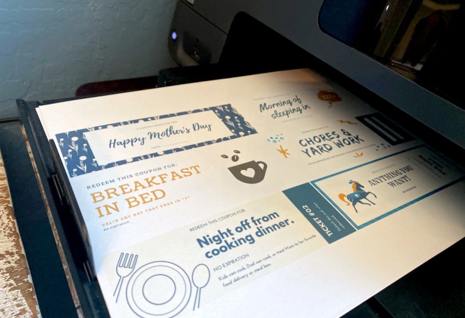printer with sheet of mother's day coupons and coupon ideas for mom