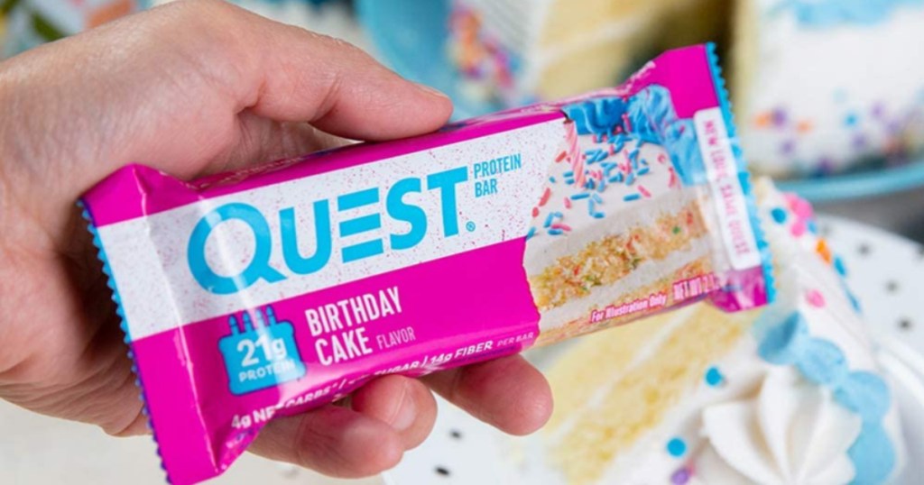 quest bar birthday cake single bar in hand