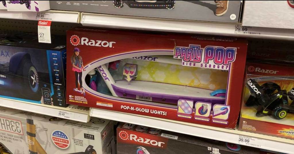 razor party pop scooter in a box on a shelf in a store