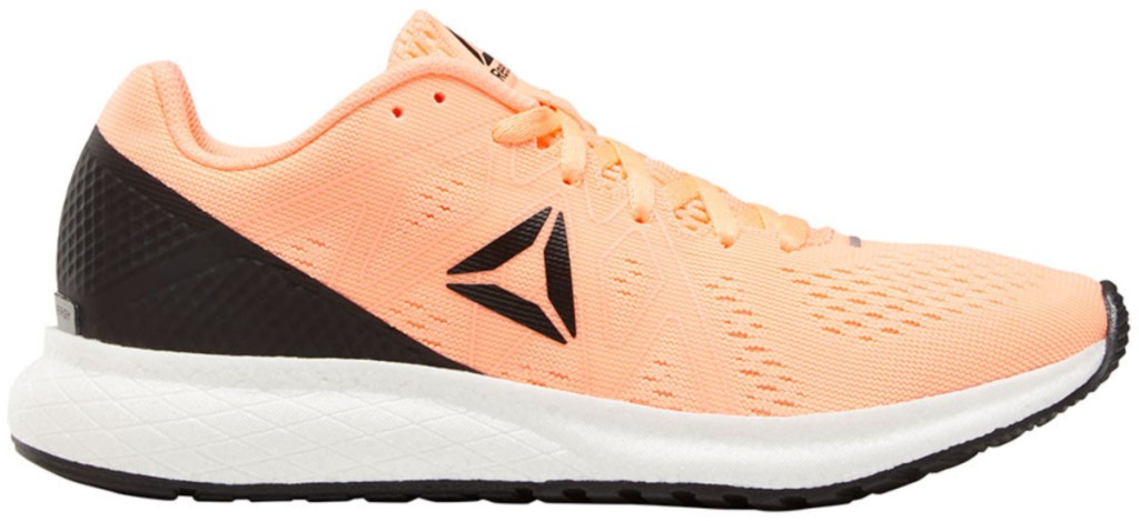peach and black reebok running shoes with white sole