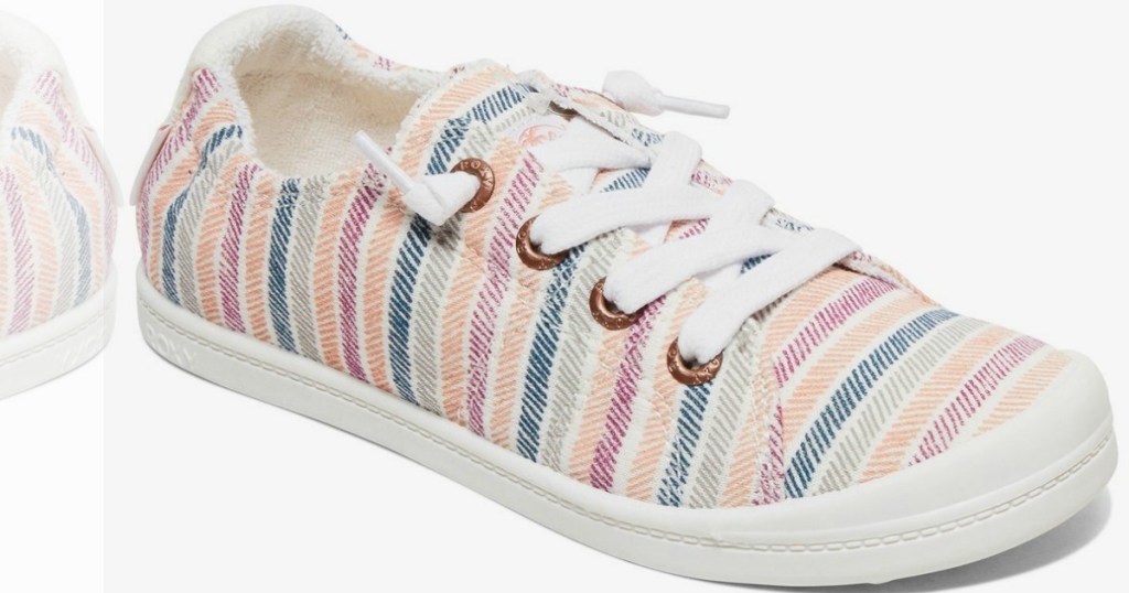 pair of striped women's shoes with laces tied