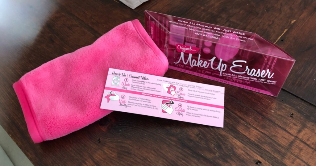 the original makeup eraser with cloth instructions and box on counter