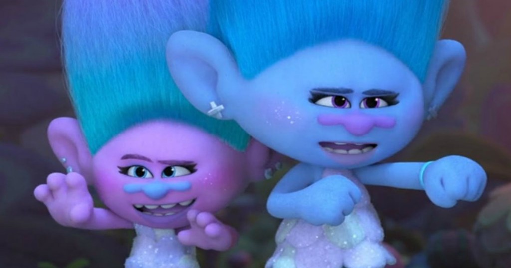 two colorful trolls with blue and pink hair