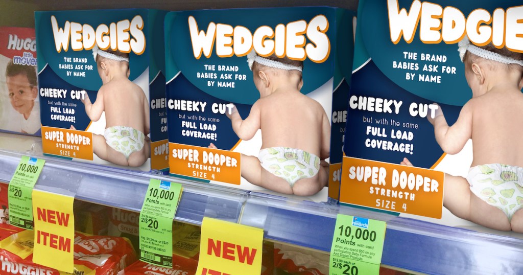 row of wedgies diapers on store shelf with sale tickets