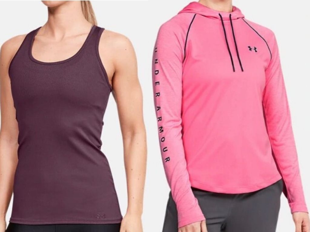 two women wearing under armour clothing, on the left wearing a tank top and on the right a pullover hoodie