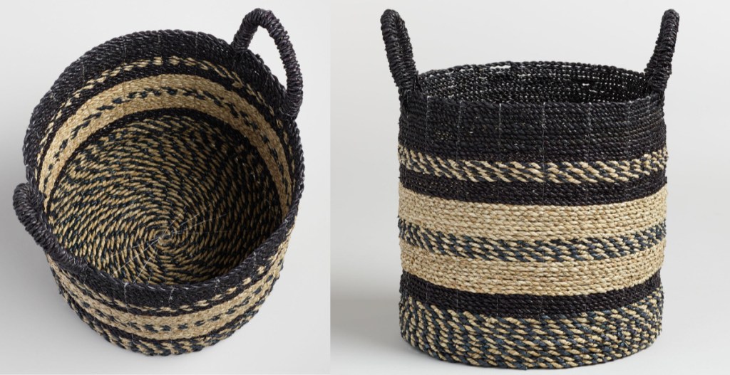 black and tan wicker basket front and inside views