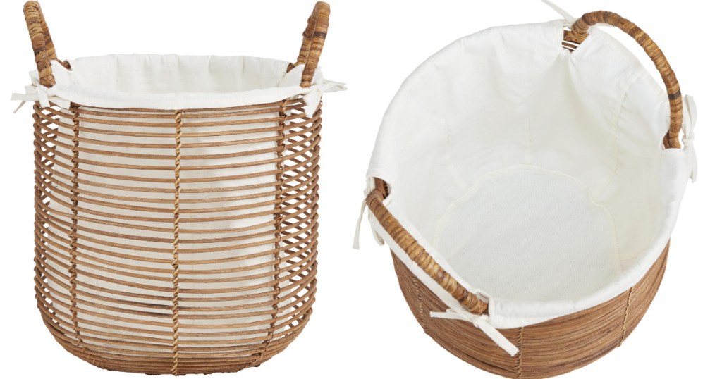 wicker basket with white lining front and inside views