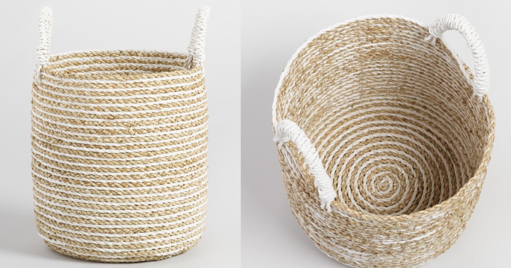 front and inside view of white and wicker basket