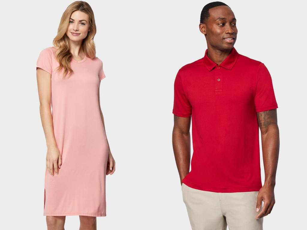 woman wearing coral dress and man wearing red polo