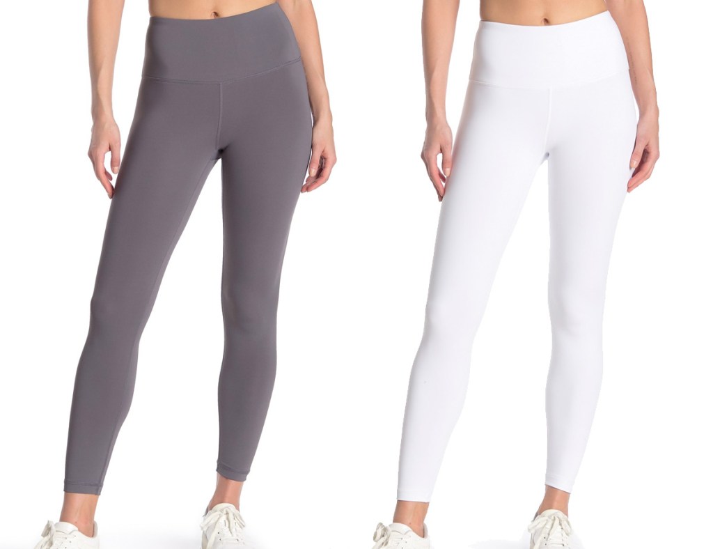 women modeling high waisted leggings in grey and white colors