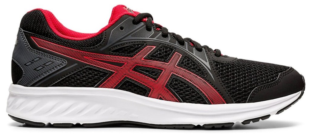 black mesh running shoe with red accents