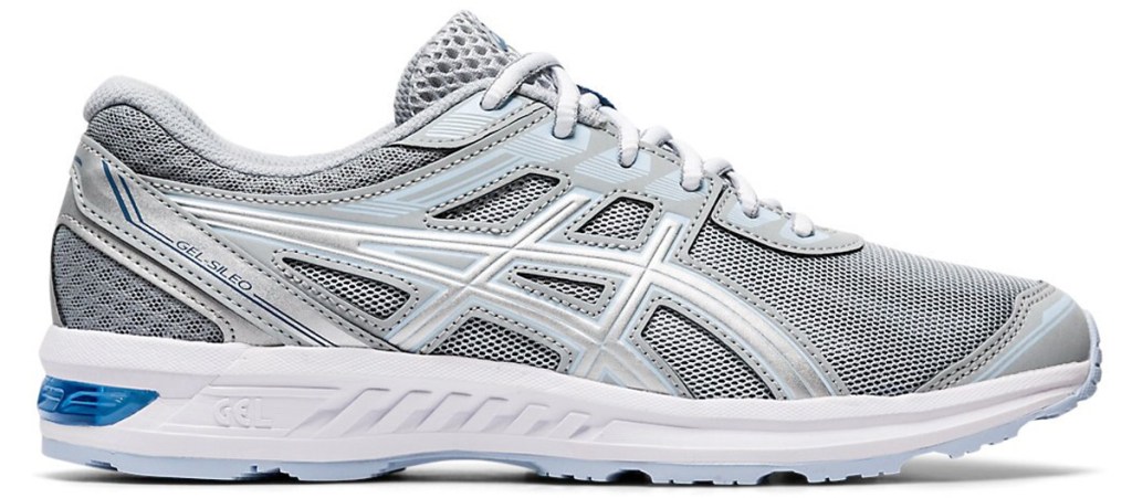 grey and white running shoe with light blue accents