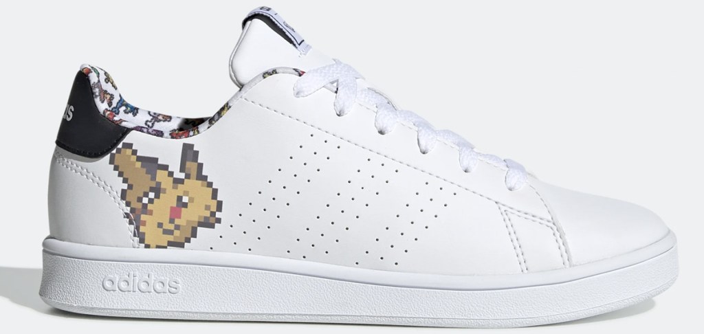 white adidas sneaker with digital pikachu printed near heel