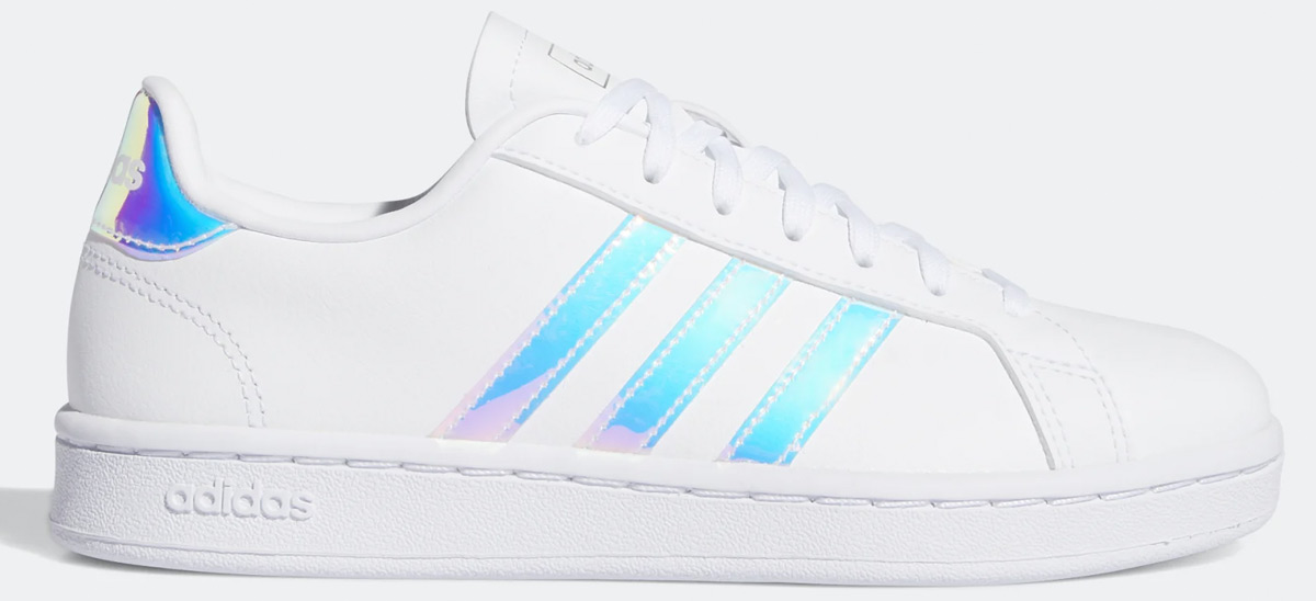 white adidas with holographic stripes