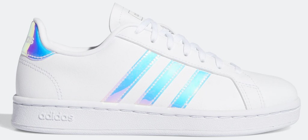 white adidas sneaker with three holographic stripes