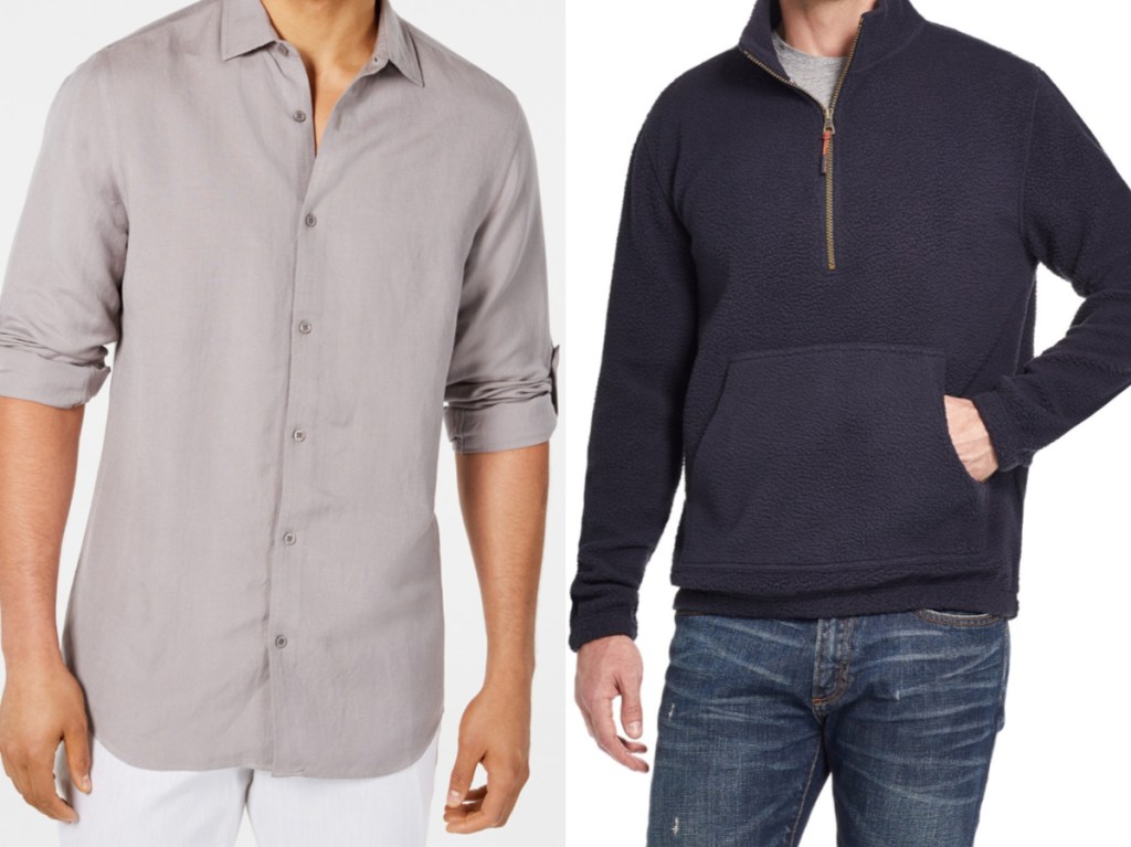 man in grey linen button shirt and man in dark blue zip pullover sweater