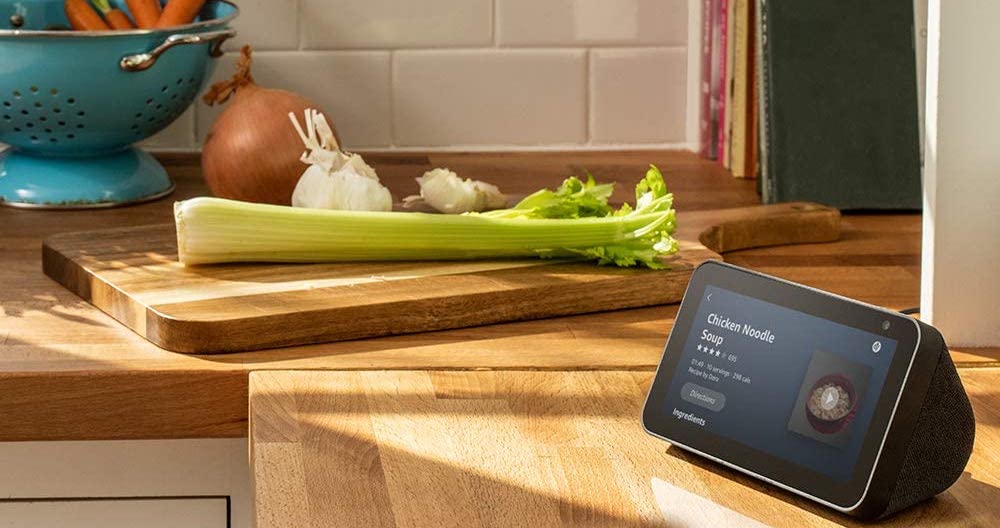 Amazon Echo show in kitchen with Chicken Noodle Soup recipe on it