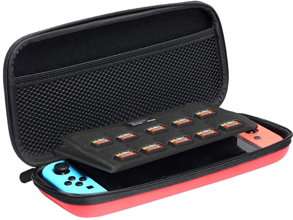 handheld gaming console inside red and black carrying case