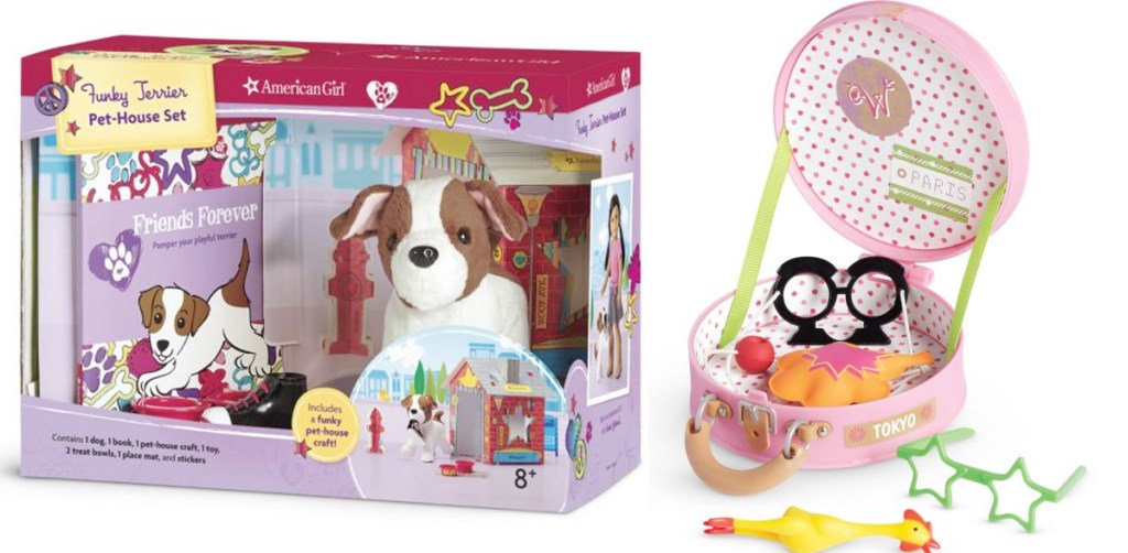 american girl terrier dog set and round hat box with fun glasses inside