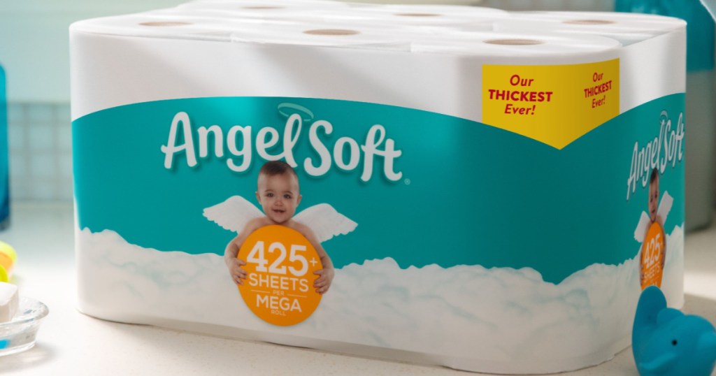 Angel Soft Toilet Paper Mega Rolls sitting on the bathroom counter