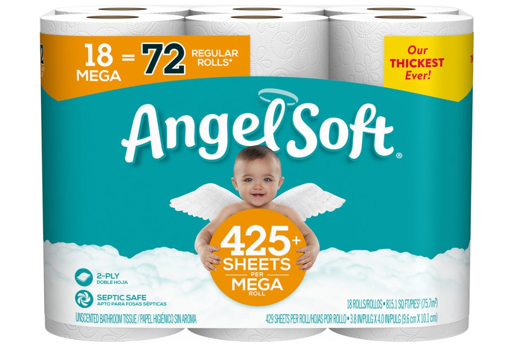 teal colored package of Angel Soft toilet paper with 18 mega rolls